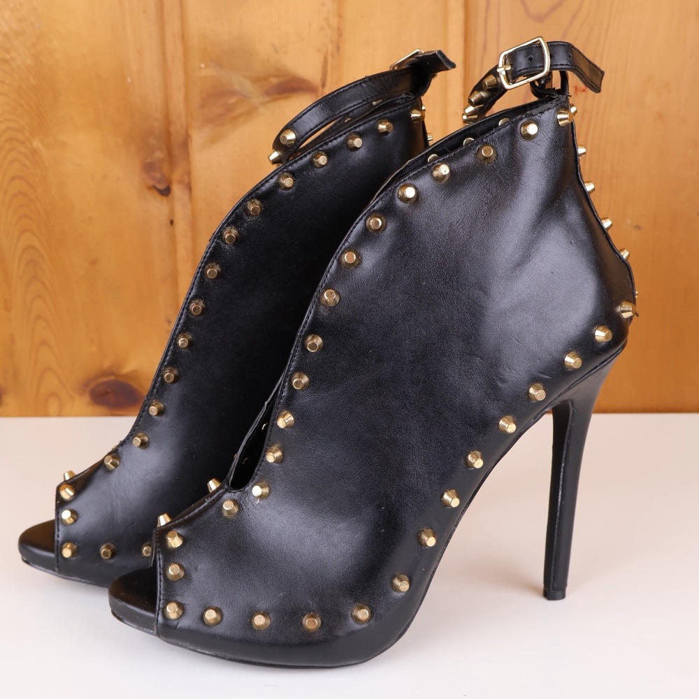 Liliana Black Gold Studded Peep Toe Stiletto Ankle Booties Heels Size 8.5